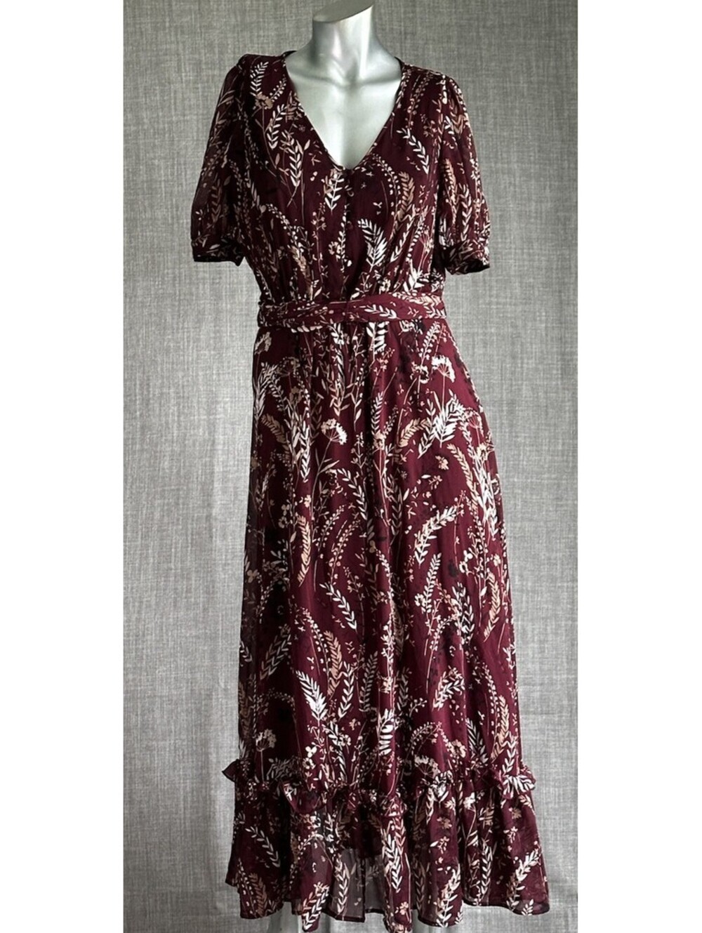 Calvin Klein Floral Bohemian Maxi Dress Wine With Tan & Cream Sz 4
